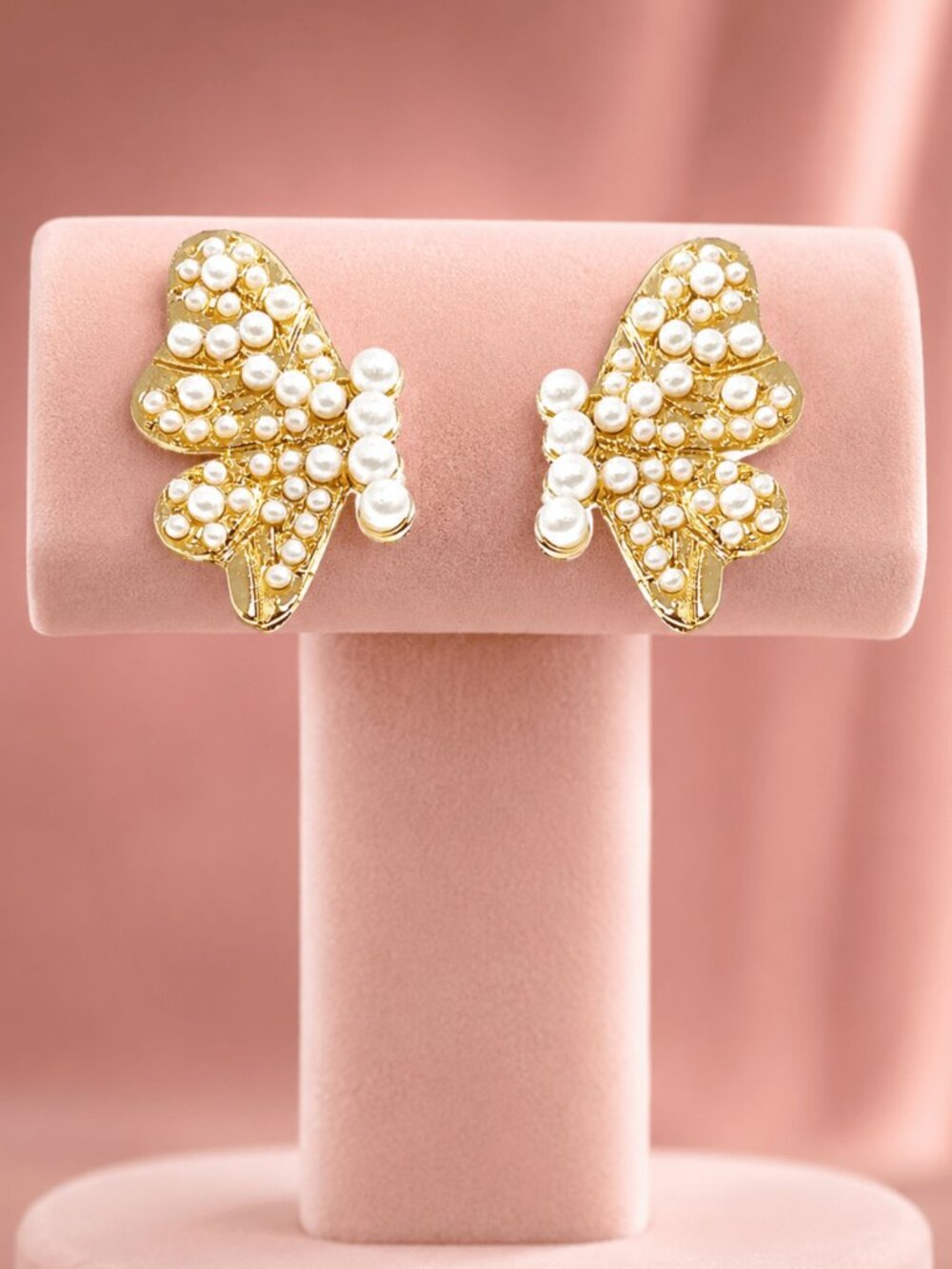 Butterfly Gold and Pearl Encrusted Winged Minimalist Hypoallergenic Earrings New